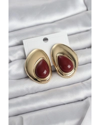Pirinç Gold Renk Bordo Taşlı Damla Model Vintage Kadın Küpe