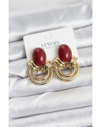 Pirinç Gold Renk Bordo Taşlı Vintage Kadın Küpe