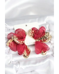 Pirinç Gold Renk Bordo Tüllü Lotus Kadın Küpe