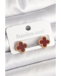 Pirinç Gold Renk Bordo Yonca Model Kadın Küpe