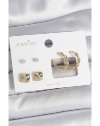 Pirinç Gold Renk Burgu Halka Model Zirkon Taşlı Kare Detay 3 Çift Kadın Küpe Seti