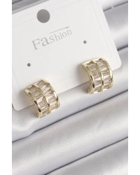 Pirinç Gold Renk Çift Sıra Zirkon Taşlı Kadın Küpe