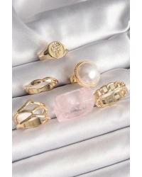 Pirinç Gold Renk Daire 3D İncili Figür Zincir Model Gül İşleme Detaylı 6Lı Kadın Yüzük Seti