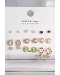 Pirinç Gold Renk Damla Zirkon Taşlı İncili Kalp Detay 9 Çift Kadın Küpe Seti