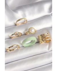 Pirinç Gold Renk Düğüm Model İncili İşlemeli Plaka Model 6Lı Kadın Yüzük Seti