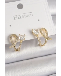 Pirinç Gold Renk Düğüm Model Zirkon Taşlı Kalp Detay Kadın Küpe