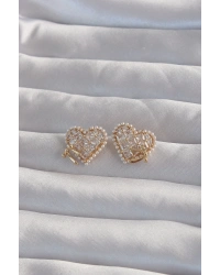 Pirinç Gold Renk Fiyonk Detay İncili Zirkon Taşlı Kalp Küpe