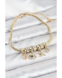 Pirinç Gold Renk Göz Model Charmlı Kadın Bileklik