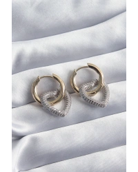 Pirinç Gold Renk Halka Gümüş Zirkon Taşlı Kalp Model VİP Seri Kadın Küpe