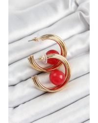 Pirinç Gold Renk Halka Model Kırmızı Boncuk Detay Kadın Küpe