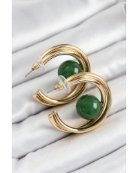 Pirinç Gold Renk Halka Model Yeşil Boncuk Detay Kadın Küpe