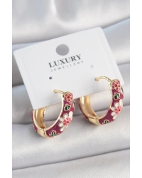 Pirinç Gold Renk Halka Mor Çiçek Mineli Kadın Küpe