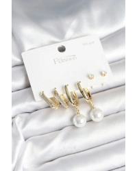 Pirinç Gold Renk İnci Detaylı 925 Ayar Gümüş Çivili Kadın Küpe Seti