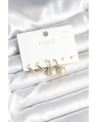 Pirinç Gold Renk İnci Detaylı 925 Gümüş Çivili Kadın Küpe Seti