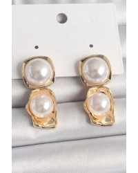 Pirinç Gold Renk İnci Kare Model Kadın Küpe