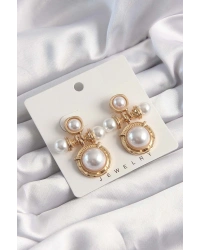 Pirinç Gold Renk İnci Taşlı Motifli Küpe