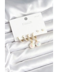 Pirinç Gold Renk İncili 925 Ayar Gümüş Çivi Kadın Küpe Seti