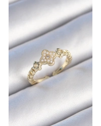 Pirinç Gold Renk İncili Yonca Model Zirkon Taş Detay Kadın Yüzük