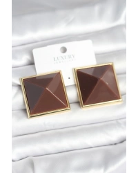 Pirinç Gold Renk Kahverengi Piramit Model Kadın Küpe