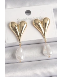 Pirinç Gold Renk Kalp Model Sallantı İnci Damla Model Kadın Küpe