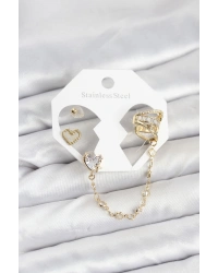 Pirinç Gold Renk Kalp Model Zincir Bağlantılı Ear Cuff Küpe Seti