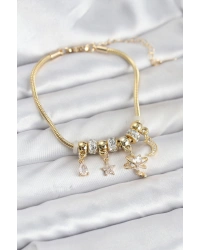 Pirinç Gold Renk Kalpli Model Charmlı Kadın Bileklik