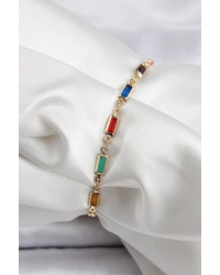 Pirinç Gold Renk Karışık Renkli Kare Zirkon Taşlı Kadın Bileklik