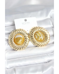 Pirinç Gold Renk Kehribar Boncuklu Vintage Kadın Küpe