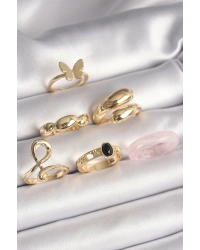 Pirinç Gold Renk Kelebek Figür Sarmal Model 6Lı Kadın Yüzük Seti