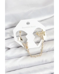 Pirinç Gold Renk Kelebek Model Zincir Bağlantılı Ear Cuff Küpe Seti