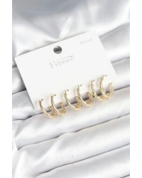 Pirinç Gold Renk Kemik Halka Model 925 Ayar Gümüş Çivili Kadın Küpe Seti