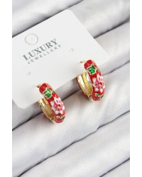 Pirinç Gold Renk Kırmızı Çiçek İşleme Mineli Kadın Küpe