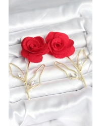 Pirinç Gold Renk Kırmızı Gül Model Kadın Küpe
