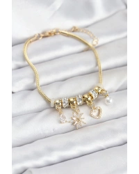 Pirinç Gold Renk Kutup Yıldızı ve Kalp Charmlı Kadın Bileklik