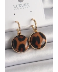 Pirinç Gold Renk Leopar Desenli Daire Model Kadın Küpe
