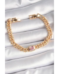 Pirinç Gold Renk Pembe Kare Zirkon Taşlı VIP Seri Kadın Bileklik