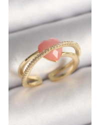 Pirinç Gold Renk Pembe Kristal Kalp Model Zirkon Taş Detaylı Kadın Yüzük