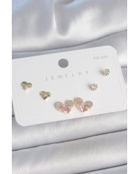 Pirinç Gold Renk Pembe Zirkon Taşlı Kalp Model 925 Ayar Gümüş Çivi Kadın Küpe Seti