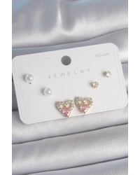 Pirinç Gold Renk Pembe Zirkon Taşlı Kalp Model İnci Detay 925 Ayar Kadın Küpe Seti