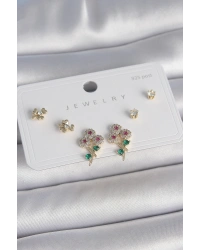 Pirinç Gold Renk Renkli Zirkon Taşlı Çiçek Model Yaprak Detay 925 Ayar Gümüş Çivi Kadın Küpe Seti