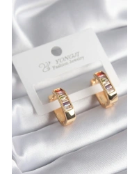 Pirinç Gold Renk Renkli Zirkon Taşlı Kadın Küpe