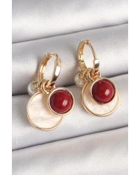 Pirinç Gold Renk Sallantı Beyaz Mineli Bordo Detay Kadın Küpe