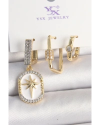 Pirinç Gold Renk Sallantı Zirkon Taş İşlmeli Yıldız Portre Model 3Lü Kadın Kombin Küpe