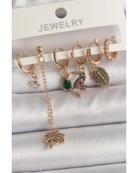 Pirinç Gold Renk Sallantı Zirkon Taşlı Ağaç Figür Kadın Küpe Seti