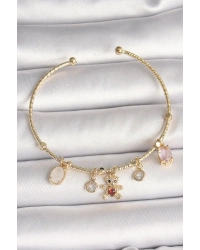 Pirinç Gold Renk Sallantı Zirkon Taşlı Ayıcık Figür Kırmızı Kalp Detay Charm Kadın Bileklik