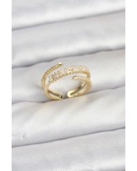 Pirinç Gold Renk Sıralı Baget Zirkon Taşlı Kadın Yüzük