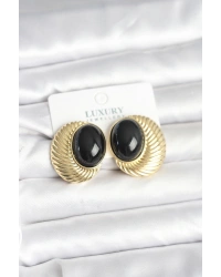 Pirinç Gold Renk Siyah Boncuklu Oval Vintage Kadın Küpe