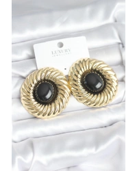 Pirinç Gold Renk Siyah Boncuklu Vintage Kadın Küpe