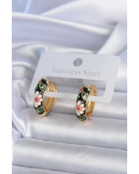 Pirinç Gold Renk Siyah Çiçek İşleme Kadın Küpe