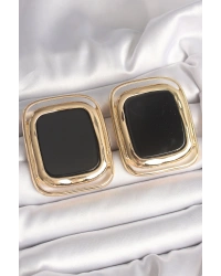 Pirinç Gold Renk Siyah Mineli Kare Model Kadın Küpe